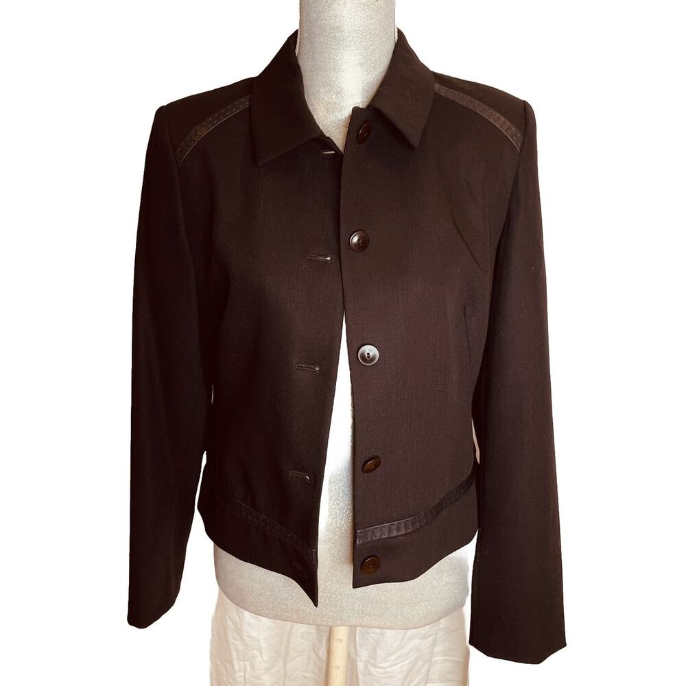 Nygard Collection Brown Wool & Leather Cropped Collared Button Blazer size 6